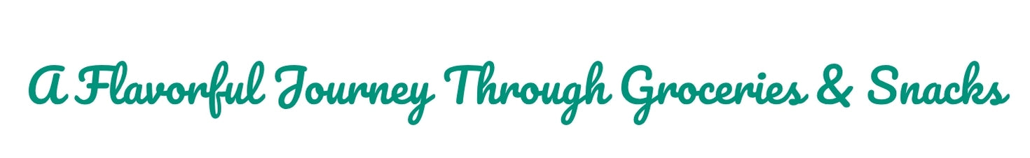A teal cursive text banner reading 'A Flavorful Journey Through Groceries & Snacks' on a plain white background.