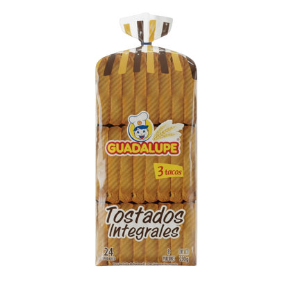 My Dulce Hogar Guadalupe whole wheat tostadas in a 280g plastic package featuring a crunchy brown grain texture