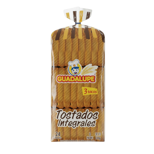 My Dulce Hogar Guadalupe whole wheat tostadas in a 280g plastic package featuring a crunchy brown grain texture