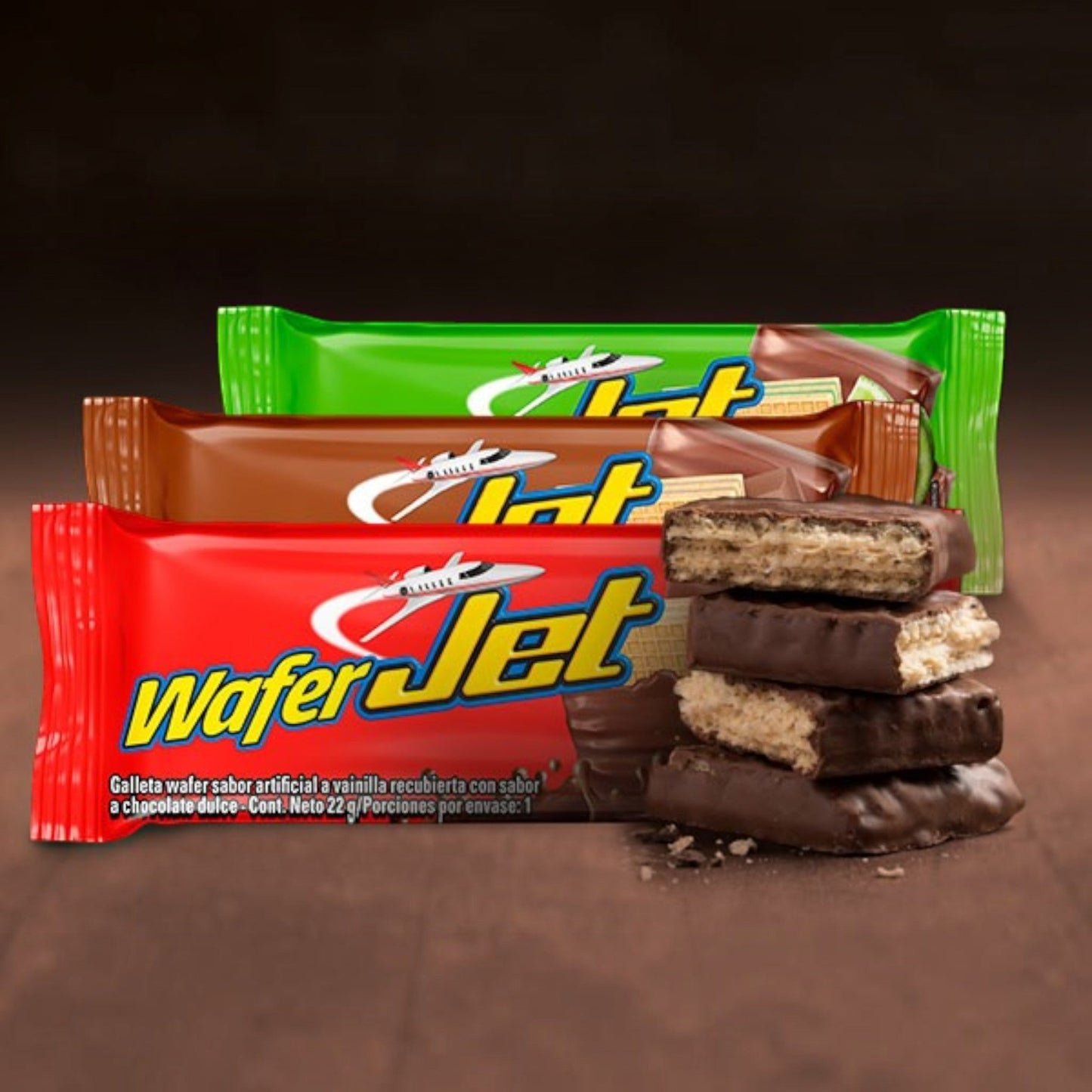 My Dulce Hogar Jet chocolate covered vanilla wafer bars in red, brown, and green wrappers with a stacked cross-section