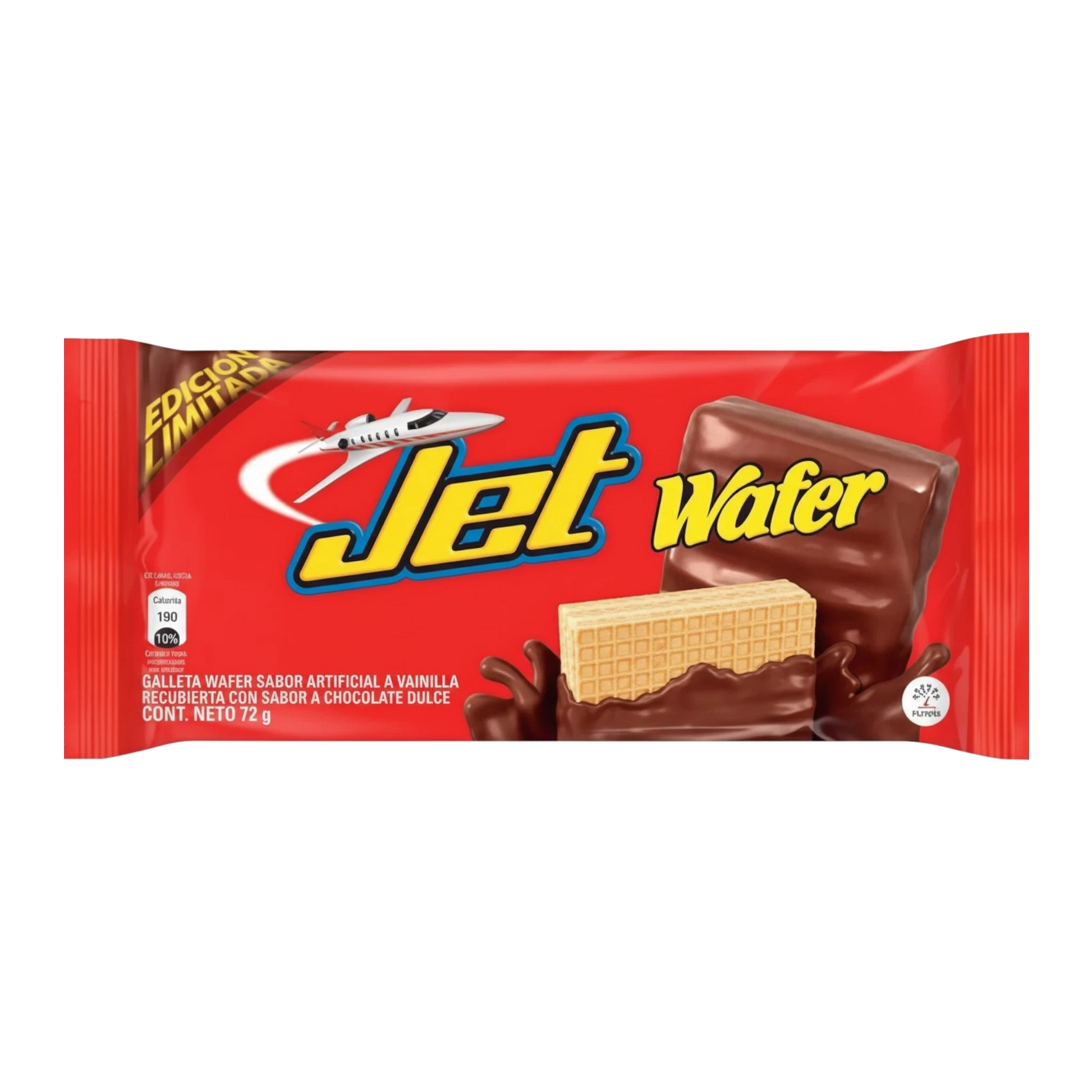My Dulce Hogar Jet chocolate covered vanilla wafer snack bar in red packaging with a jet graphic