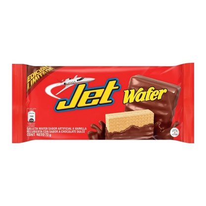My Dulce Hogar Jet chocolate covered vanilla wafer snack bar in red packaging with a jet graphic