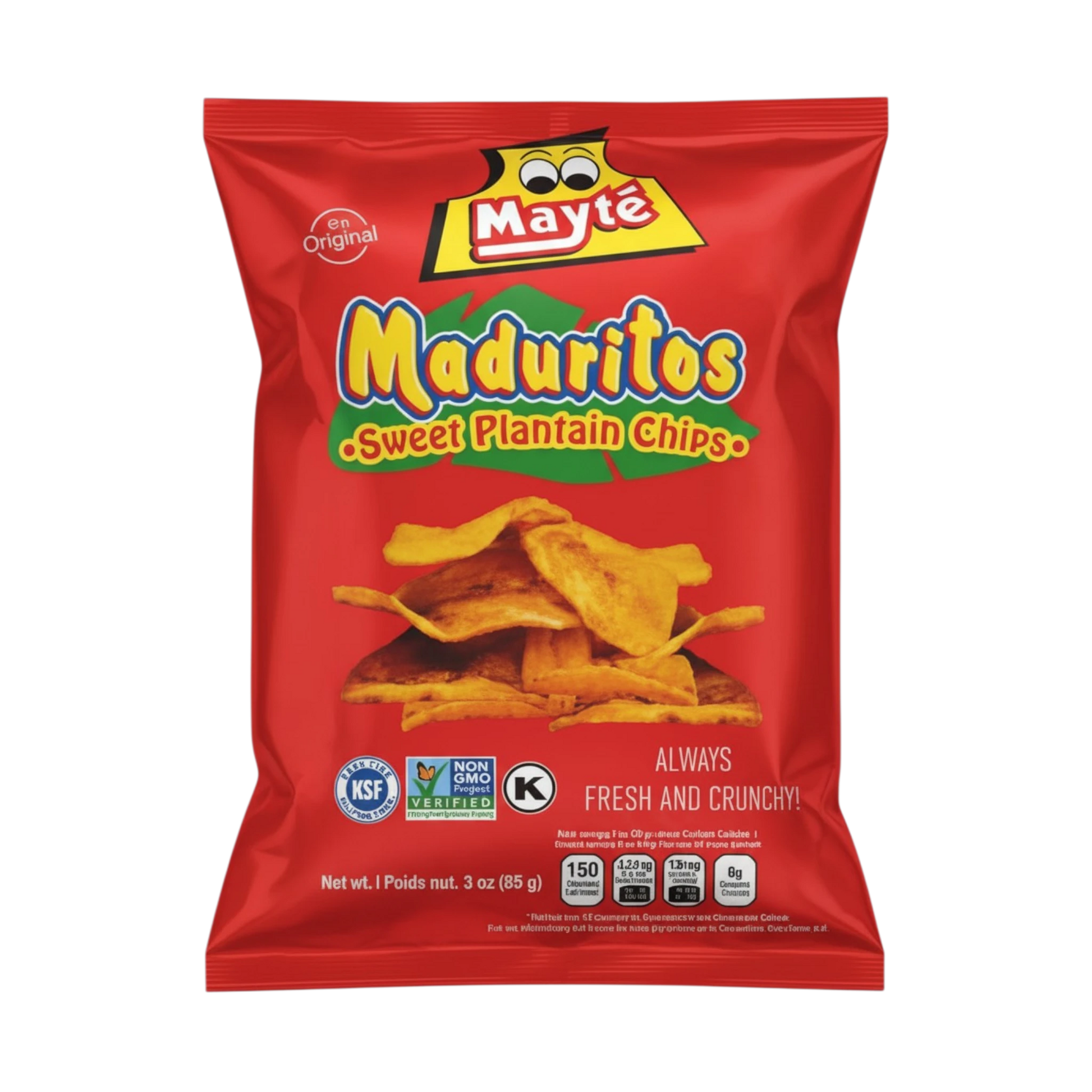 My Dulce Hogar Mayté sweet plantain chips in a red 3oz bag with crispy golden plantain slices shown on the front.