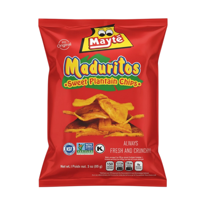 My Dulce Hogar Mayté sweet plantain chips in a red 3oz bag with crispy golden plantain slices shown on the front.