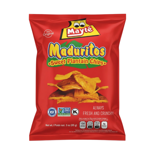 My Dulce Hogar Mayté sweet plantain chips in a red 3oz bag with crispy golden plantain slices shown on the front.
