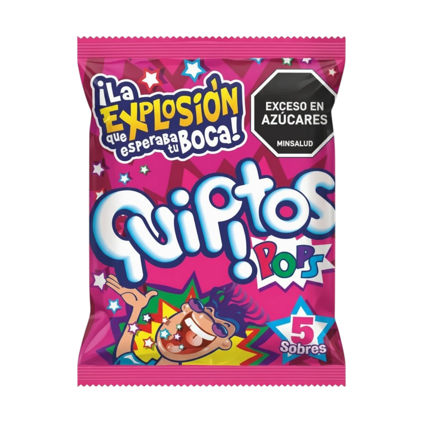 My Dulce Hogar Quipitos Pops milk powder candy with popping rocks, 24 packets. Features a cartoon character with sunglasses and stars.
