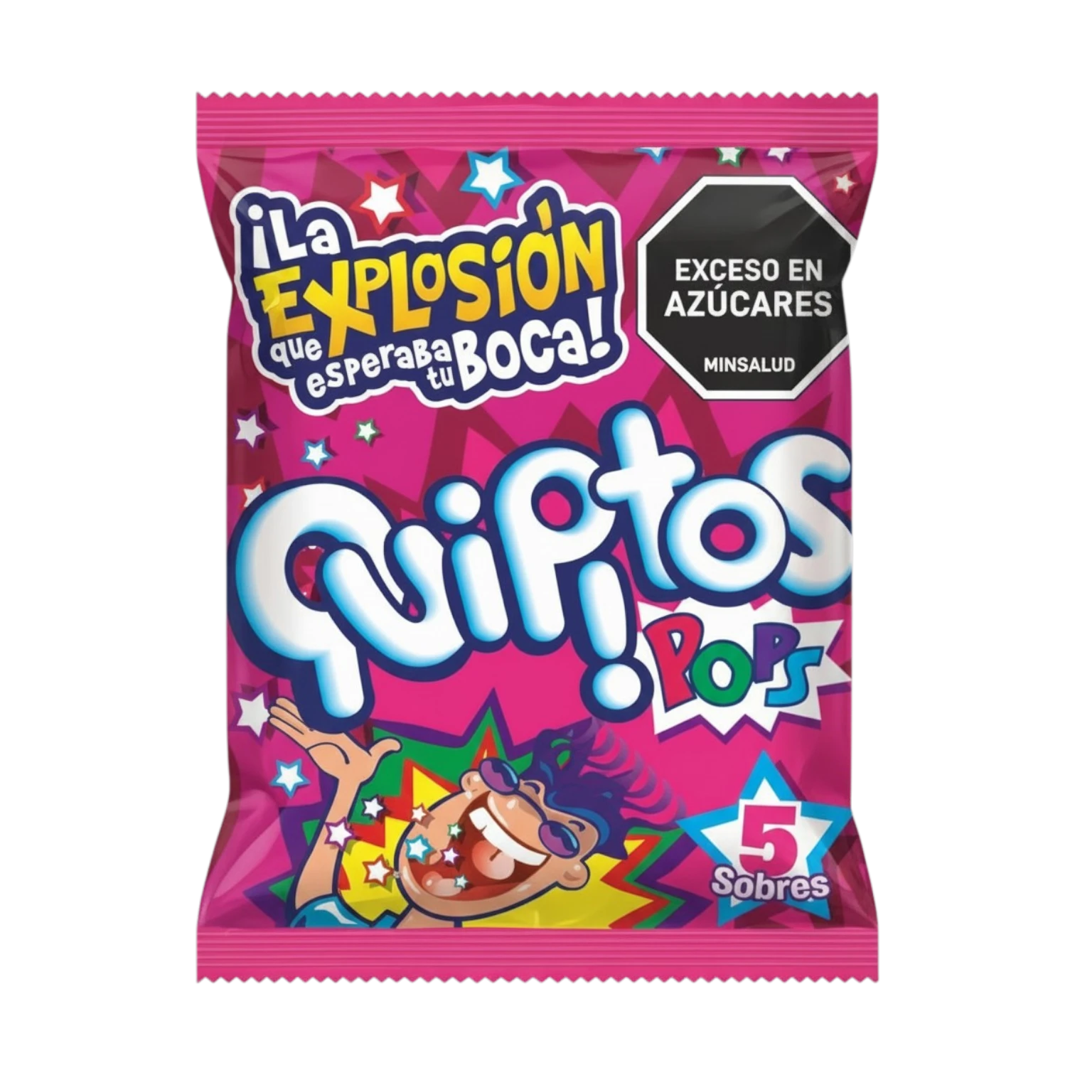 My Dulce Hogar Quipitos Pops milk powder candy with popping rocks, 24 packets. Features a cartoon character with sunglasses and stars.