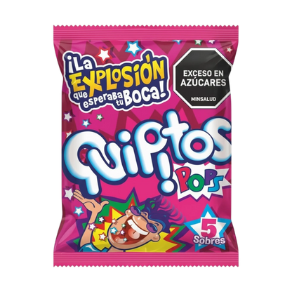 My Dulce Hogar Quipitos Pops milk powder candy with popping rocks, 24 packets. Features a cartoon character with sunglasses and stars.