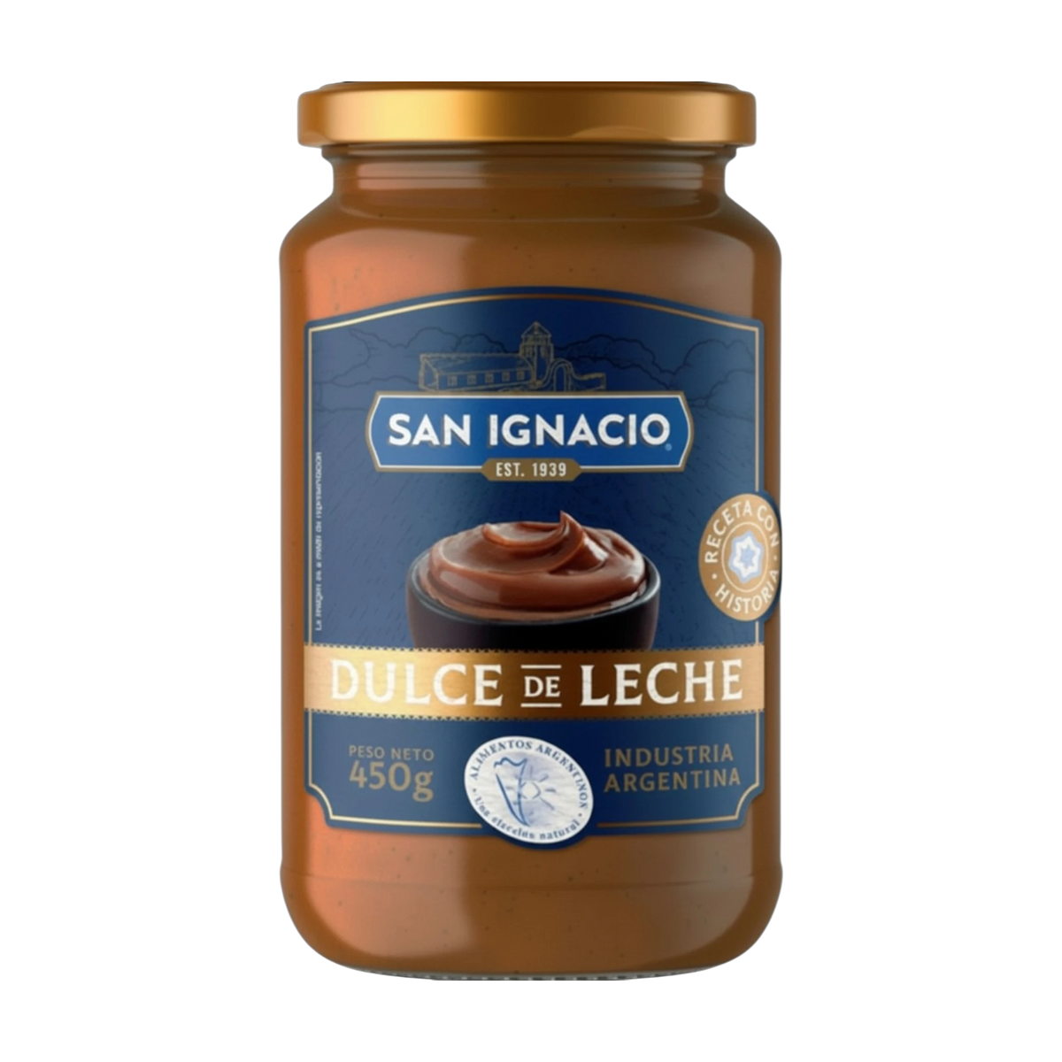 My Dulce Hogar San Ignacio Dulce de Leche caramel spread in a 450g glass jar with a gold lid.
