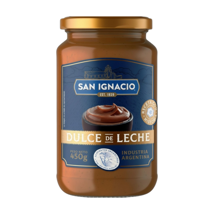 My Dulce Hogar San Ignacio Dulce de Leche caramel spread in a 450g glass jar with a gold lid.