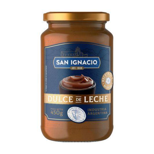 My Dulce Hogar San Ignacio Dulce de Leche caramel spread in a 450g glass jar with a gold lid.