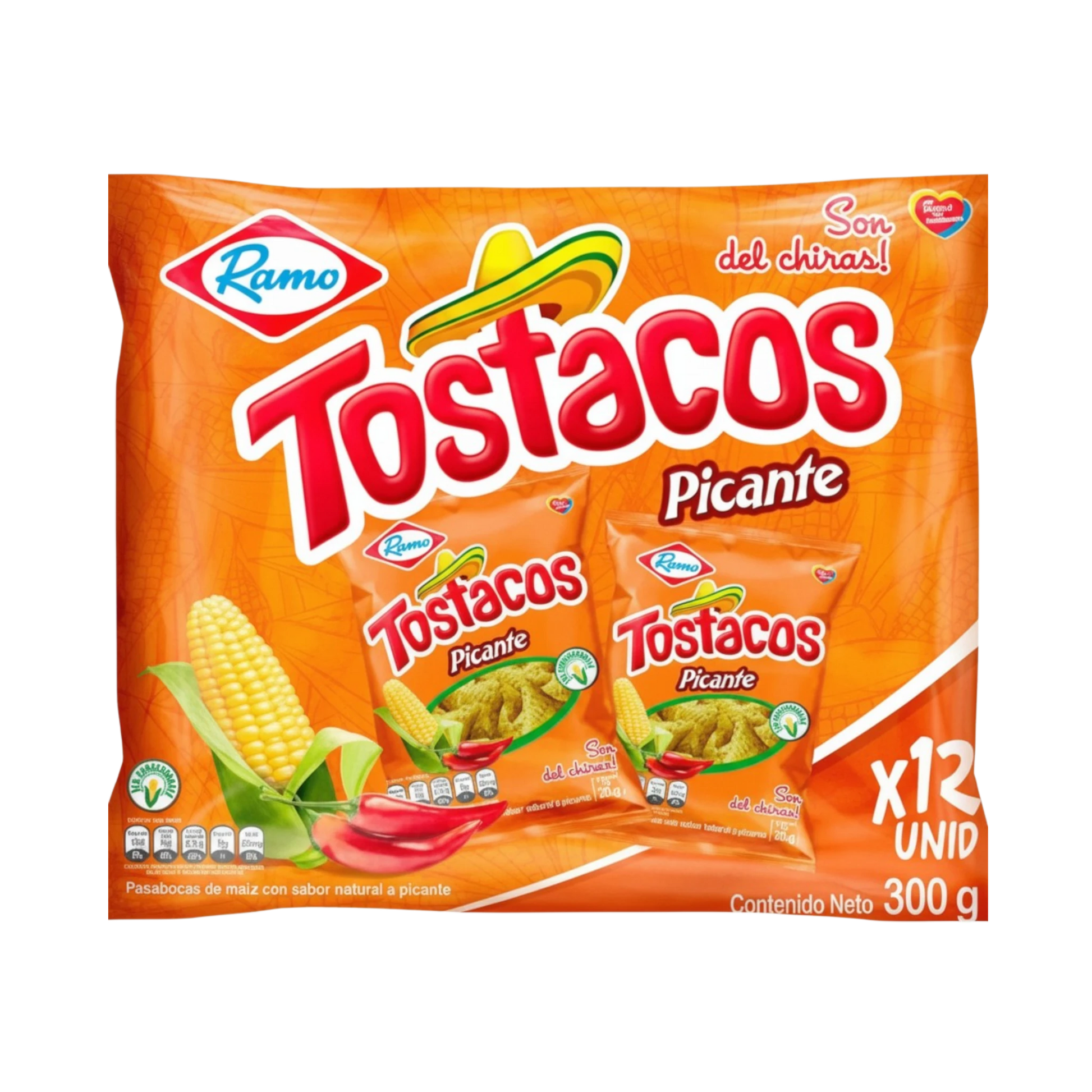 My Dulce Hogar Tostacos Picantes spicy corn snack multipack with 12 individual bags featuring chili and corn imagery.