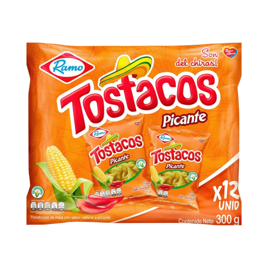 My Dulce Hogar Tostacos Picantes spicy corn snack multipack with 12 individual bags featuring chili and corn imagery.