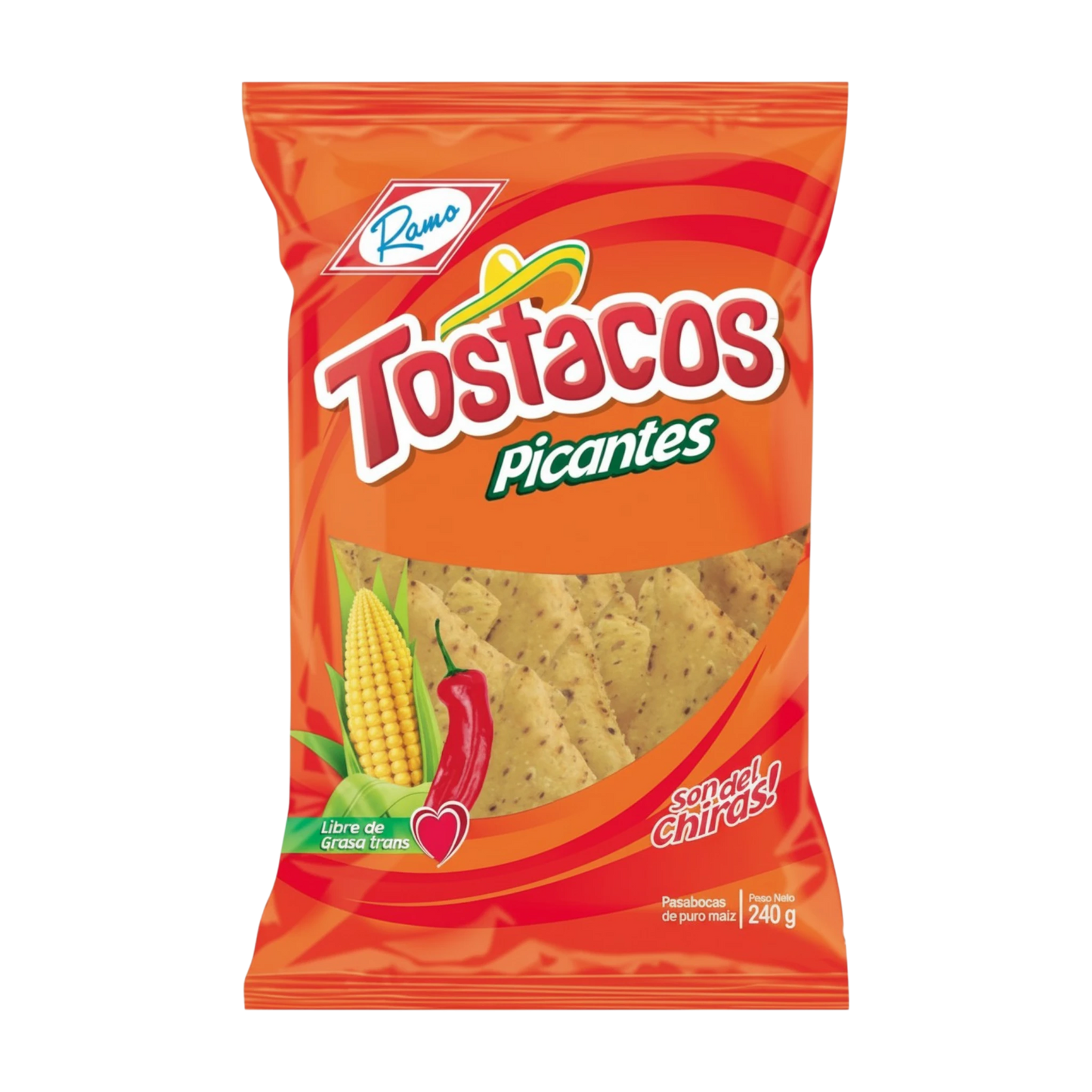 My Dulce Hogar Tostacos Picantes spicy corn chips in a bright orange snack bag with chili and corn illustrations.