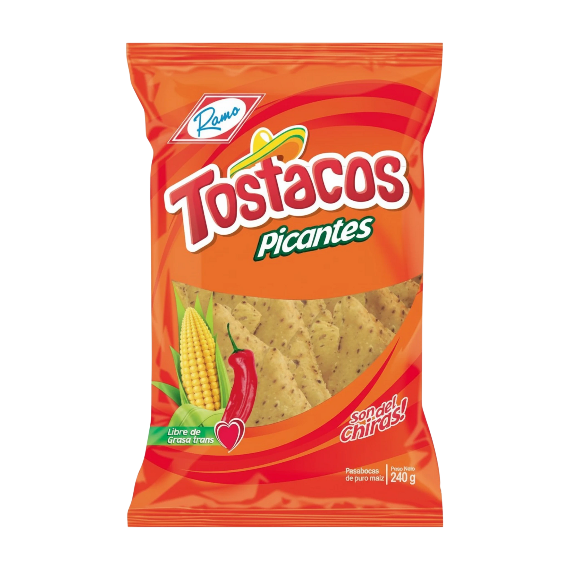 My Dulce Hogar Tostacos Picantes spicy corn chips in a bright orange snack bag with chili and corn illustrations.