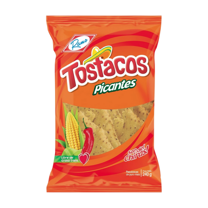My Dulce Hogar Tostacos Picantes spicy corn chips in a bright orange snack bag with chili and corn illustrations.