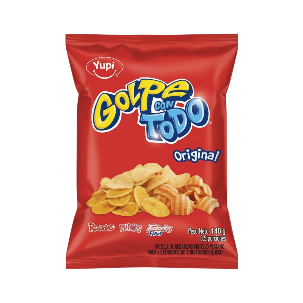 My Dulce Hogar YUPI Golpe con Todo Original zesty snack mix in a red 140g bag featuring crunchy chips and crackers