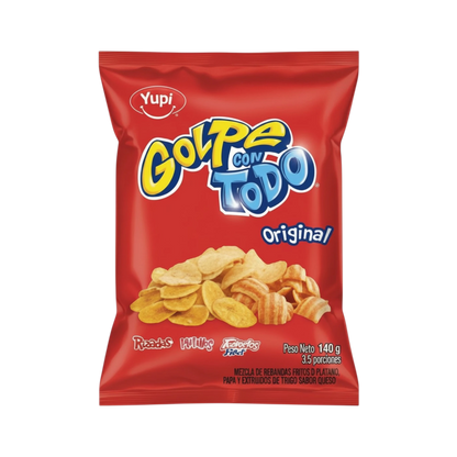 My Dulce Hogar YUPI Golpe con Todo Original zesty snack mix in a red 140g bag featuring crunchy chips and crackers