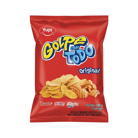 My Dulce Hogar YUPI Golpe con Todo Original zesty snack mix in a red 140g bag featuring crunchy chips and crackers